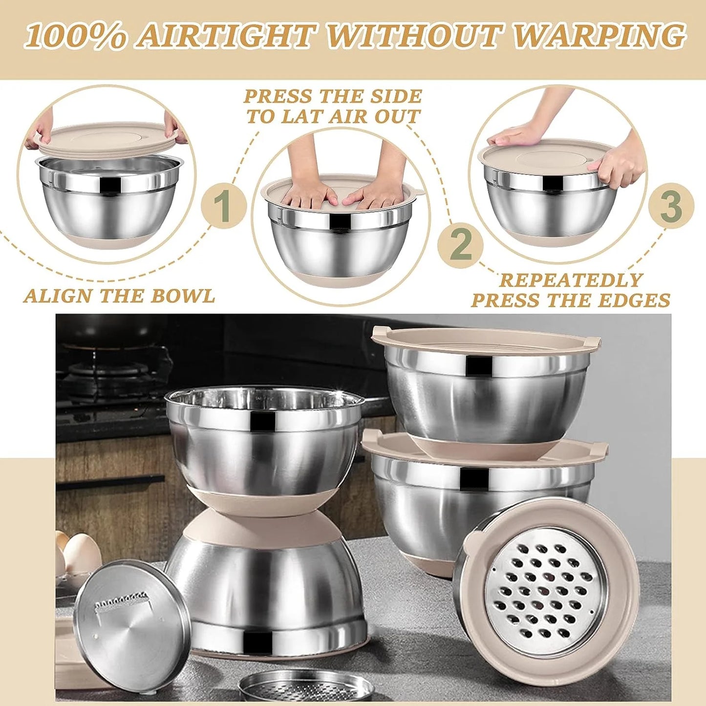 Mixing Bowls with Airtight Lids, 26Pcs Stainless Steel Nesting Non-Slip Bottoms Mixing Serving Bowls Set Wtih 3 Grater & Tools Gadgets, 7/4/2.5/2.5/1.5/1QT Metal Salad Bowls for Serving Preppi