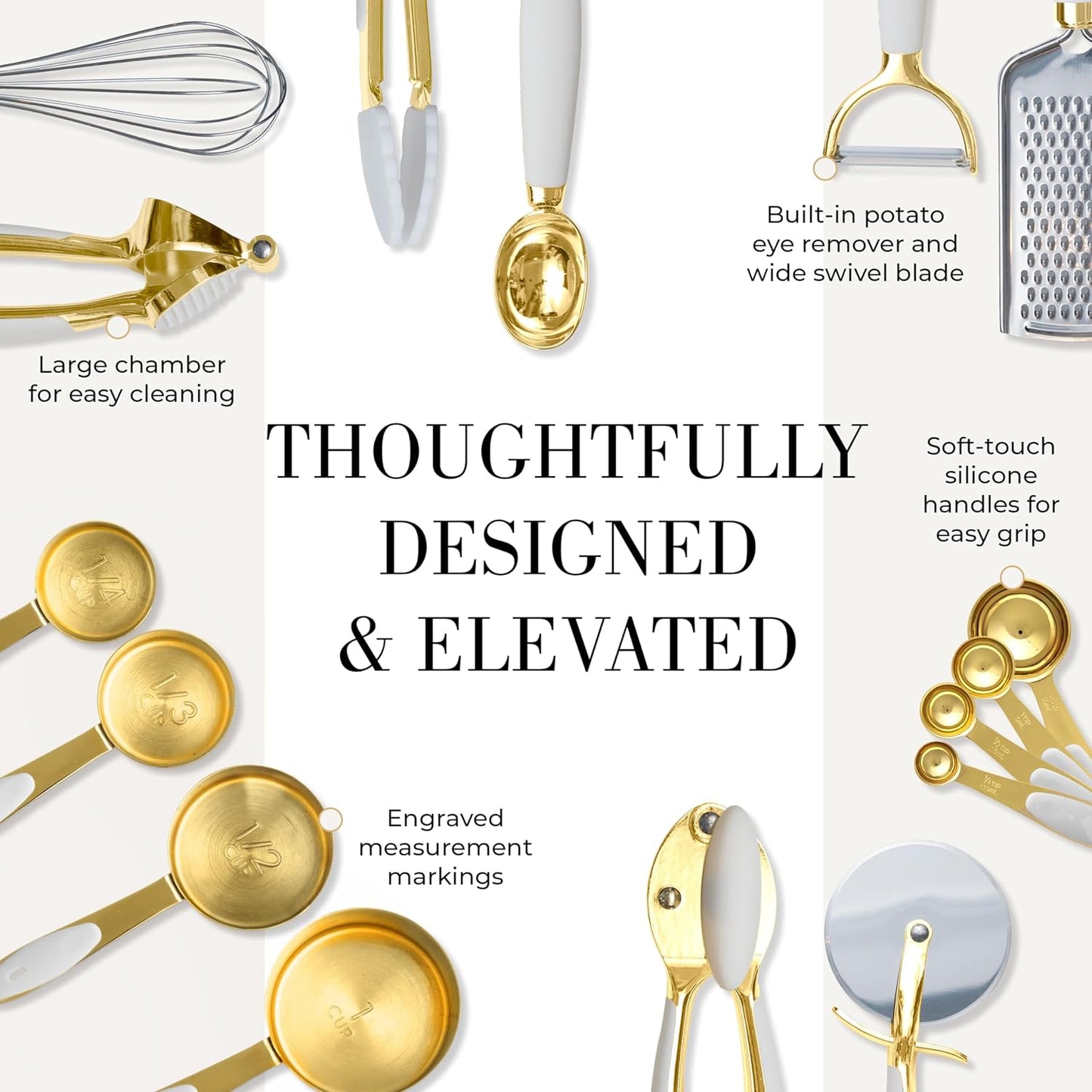 Elevate Your Cooking Experience with Our 16-Piece White and Gold Kitchen Utensils Set – Stylish Silicone Tools with Measuring Cups and Spoons