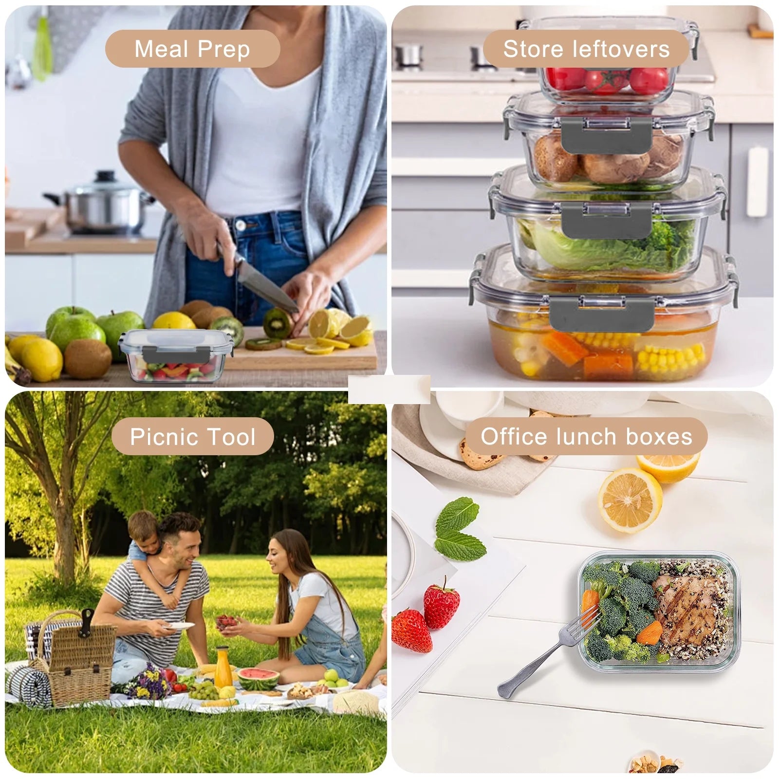 24 Pcs Versatile Glass Storage Containers with Airtight Lids for Effortless Kitchen Organization (12 Pcs Grey)