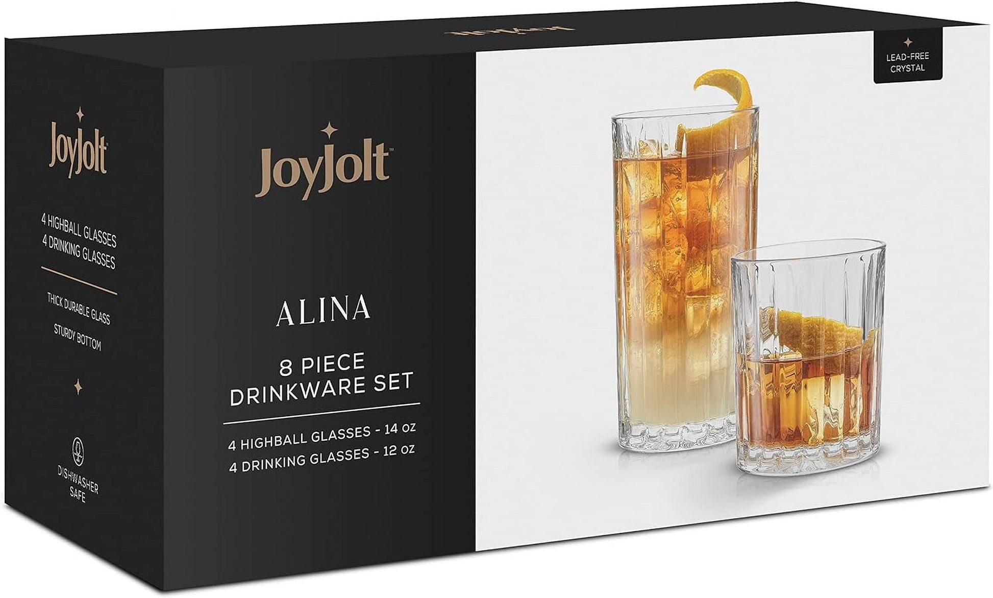 Alina Clear Ribbed Glass Drinking Glass Set, Highball Glasses and Tumbler Glasses - Set of 8