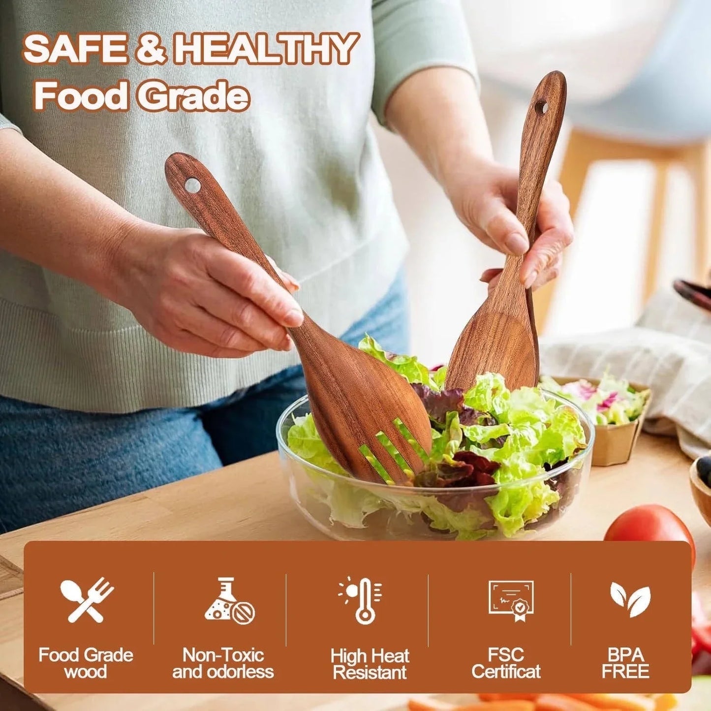 Elevate Your Cooking Experience with the 9-Piece Natural Teak Wooden Utensil Set - Complete with Holder & Spoon Rest for Non-Stick Cookware