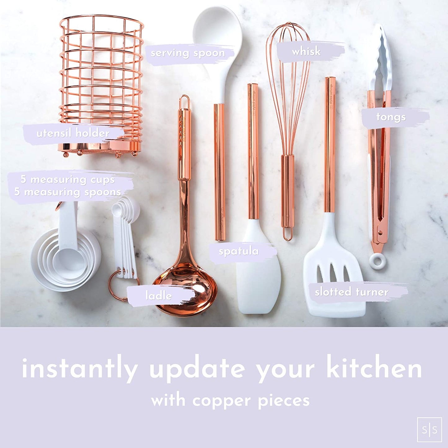 Elevate Your Cooking Experience with Our Stylish 17-Piece White Silicone and Copper Kitchen Utensils Set – Complete with Holder, Measuring Cups, and Spoons for the Modern Chef