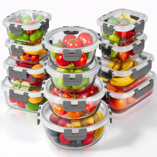 24 Pcs Versatile Glass Storage Containers with Airtight Lids for Effortless Kitchen Organization (12 Pcs Grey) - Love Notes from the Kitchen