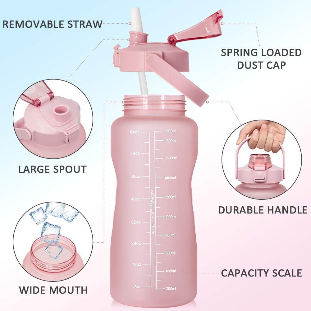 Stay Hydrated in Style: 64 OZ Half Gallon Water Bottle with Insulated Sleeve, Straw & Time Markers for Active Lifestyles