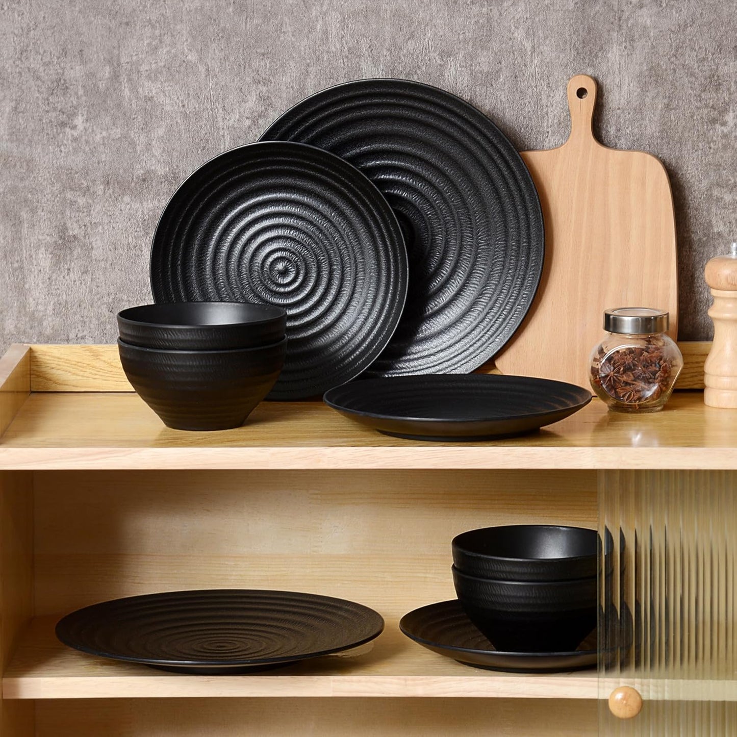 Melamine Dinnerware Sets for 4, 12Pcs Plates and Bowls Sets with Modern Style, Lightweight and Unbreakable Dish Set for Camping, RV and BBQ, Dishwasher Safe, BPA Free(Black)