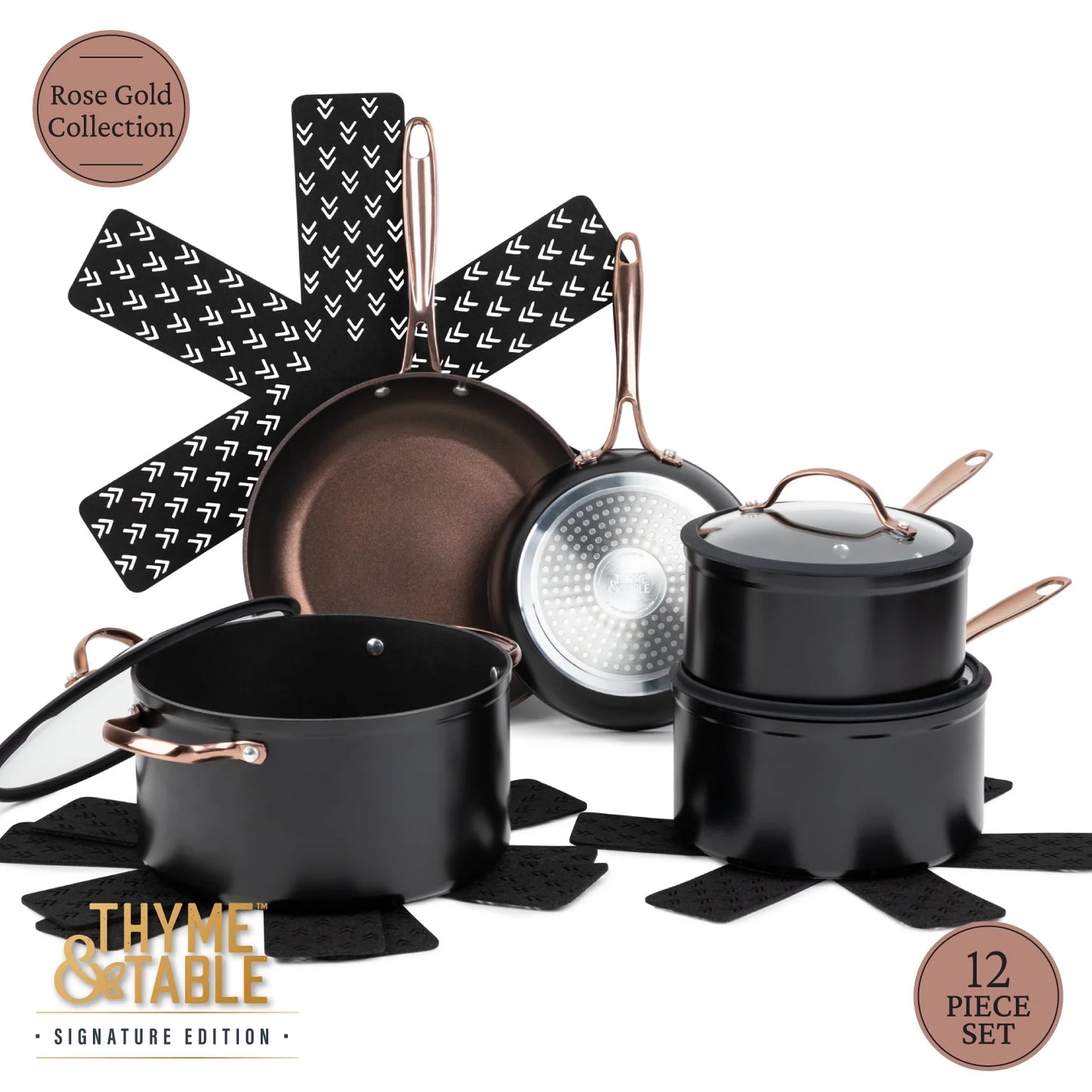 Elevate Your Cooking with the Thyme & Table 12-Piece Rose Gold Non-Stick Cookware Set - Signature Collection