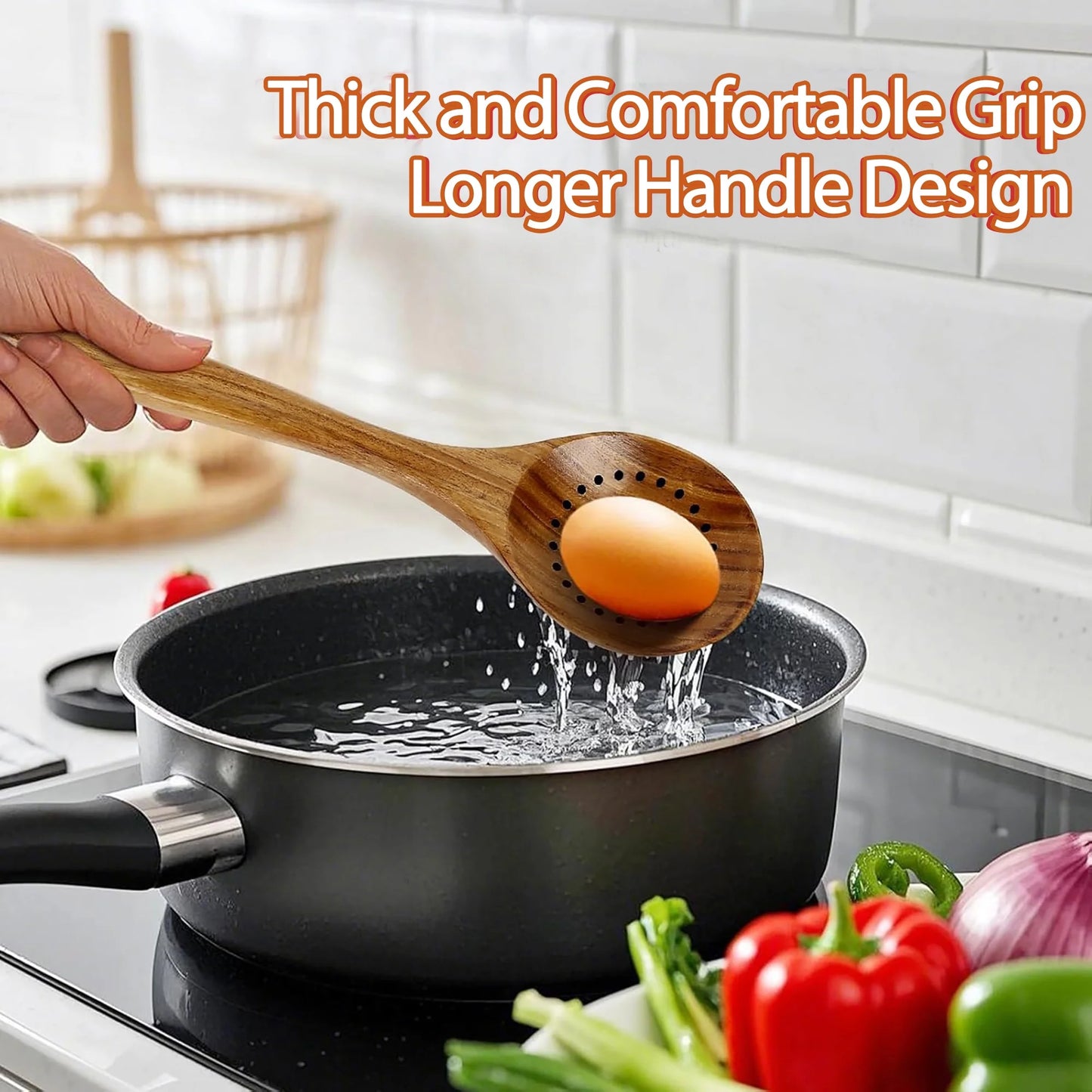 Elevate Your Cooking Experience with the 9-Piece Natural Teak Wooden Utensil Set - Complete with Holder & Spoon Rest for Non-Stick Cookware