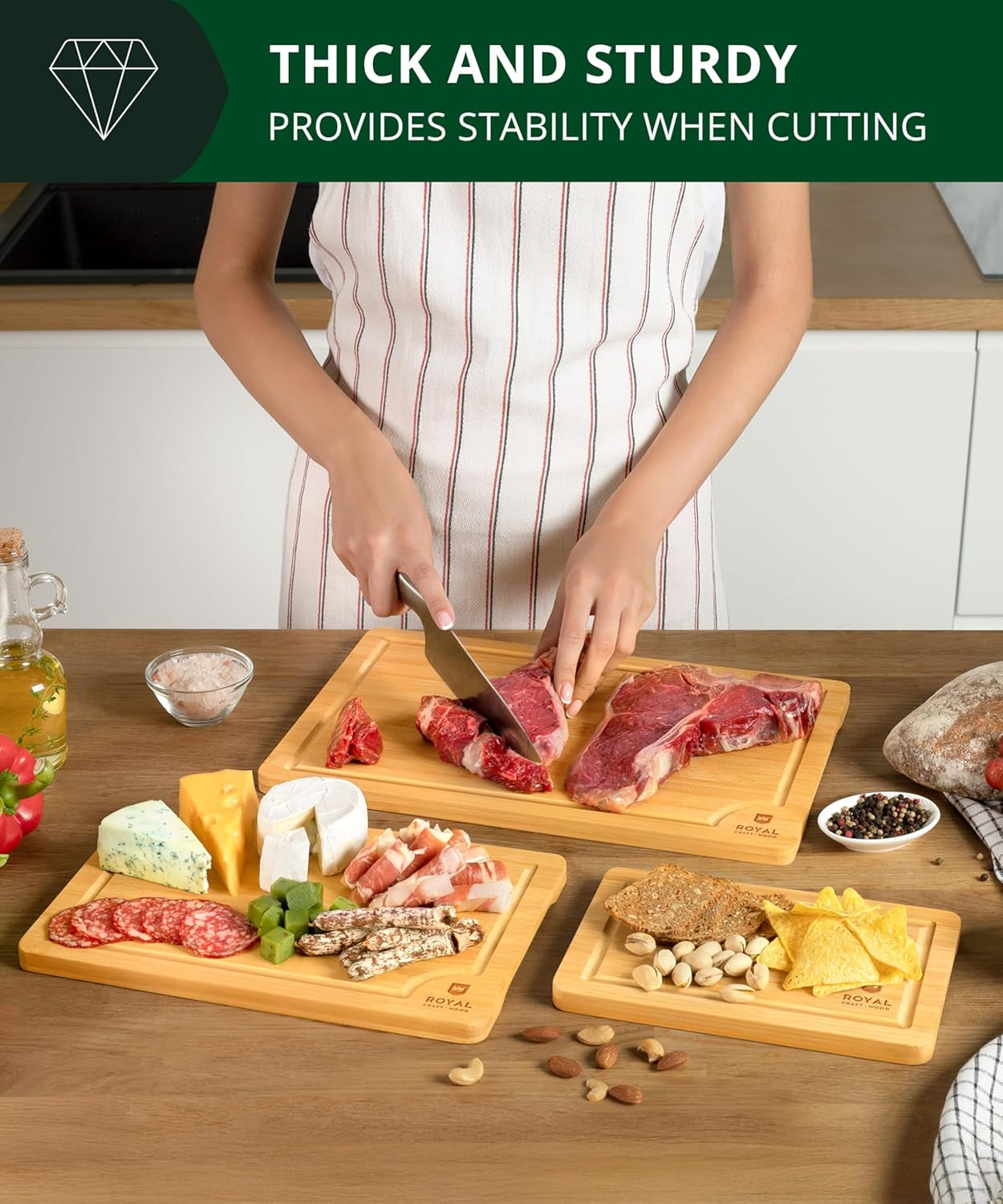 Wooden Cutting Boards for Kitchen Meal Prep & Serving - Bamboo Wood Serving Board Set with Deep Juice Groove Side Handles - Charcuterie & Chopping Butcher Block for Meat