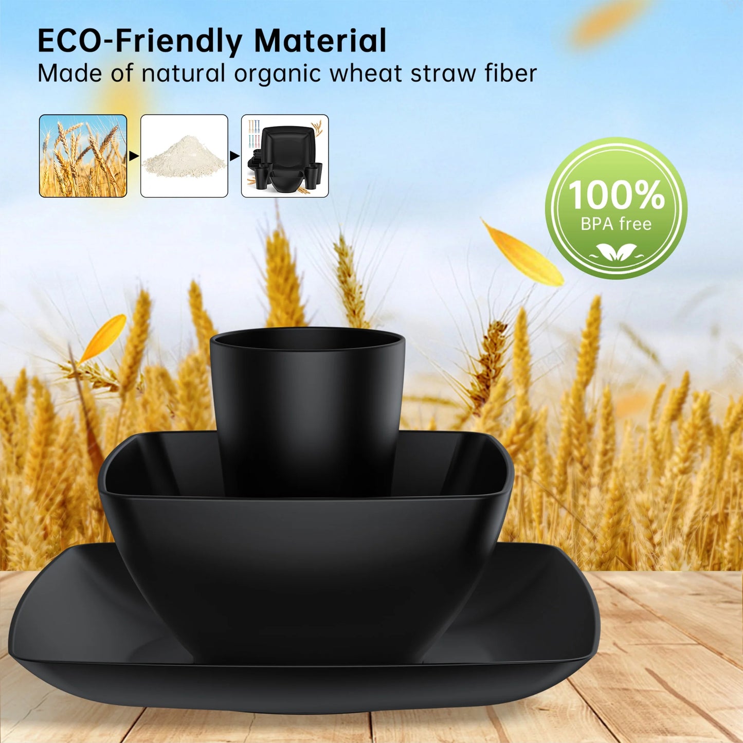 Elevate Your Dining Experience with Our 32-Piece Unbreakable Wheat Straw Dinnerware Set for 6 – Eco-Friendly, Microwave & Dishwasher Safe, Perfect for Home, Camping, and Kids!