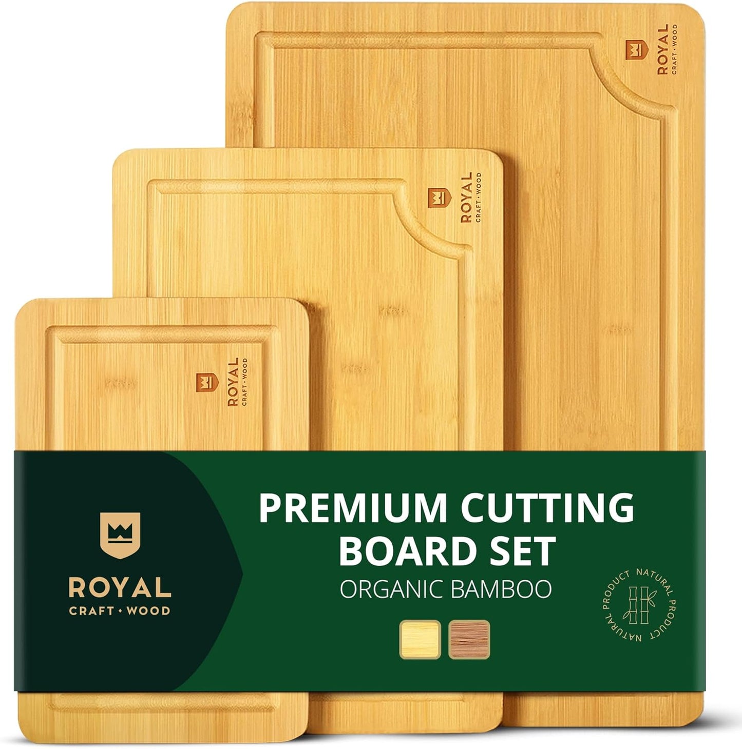 Wooden Cutting Boards for Kitchen Meal Prep & Serving - Bamboo Wood Serving Board Set with Deep Juice Groove Side Handles - Charcuterie & Chopping Butcher Block for Meat