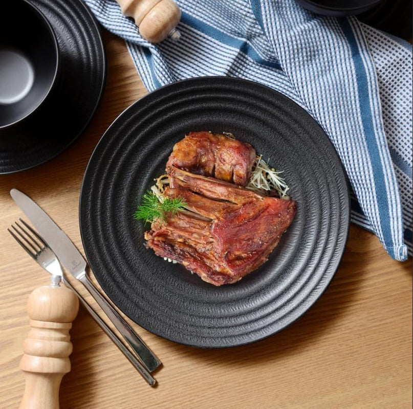 Melamine Dinnerware Sets for 4, 12Pcs Plates and Bowls Sets with Modern Style, Lightweight and Unbreakable Dish Set for Camping, RV and BBQ, Dishwasher Safe, BPA Free(Black)