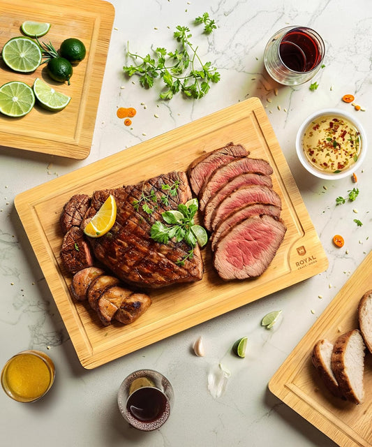 Wooden Cutting Boards for Kitchen Meal Prep & Serving - Bamboo Wood Serving Board Set with Deep Juice Groove Side Handles - Charcuterie & Chopping Butcher Block for Meat