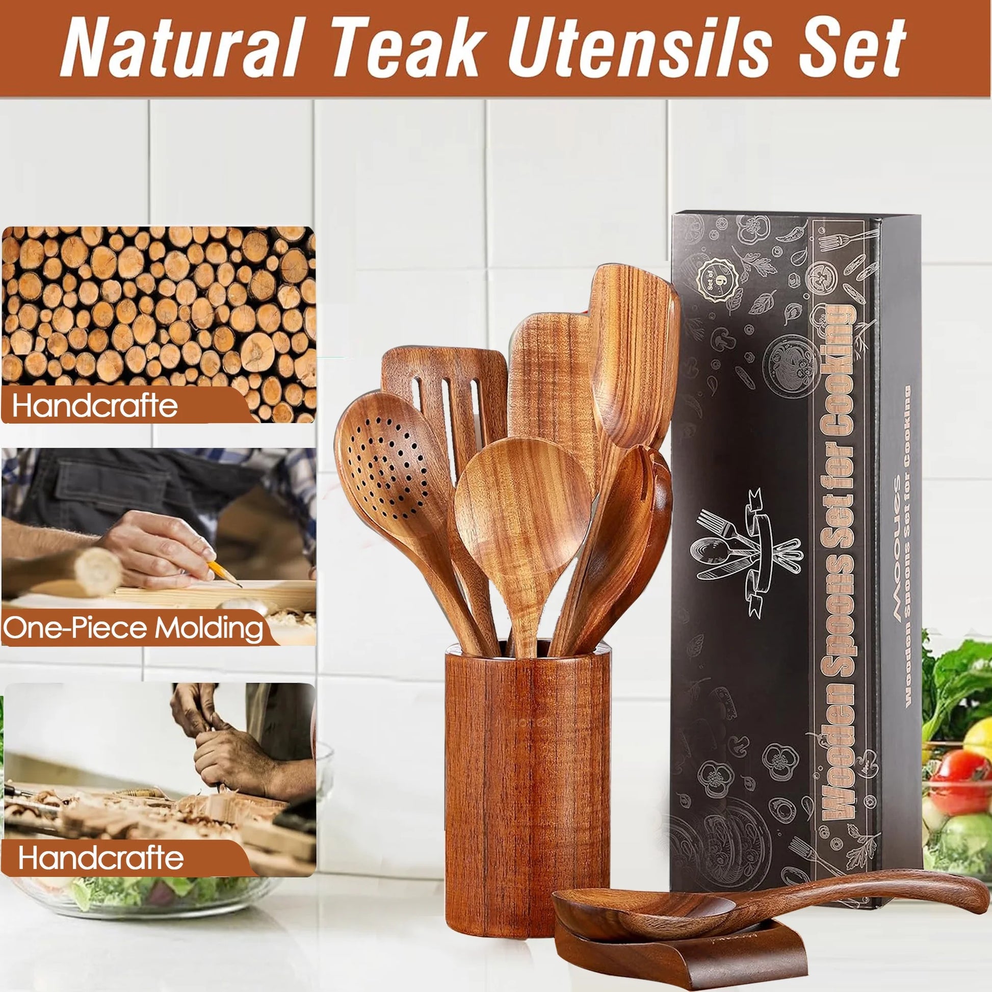 Elevate Your Cooking Experience with the 9-Piece Natural Teak Wooden Utensil Set - Complete with Holder & Spoon Rest for Non-Stick Cookware