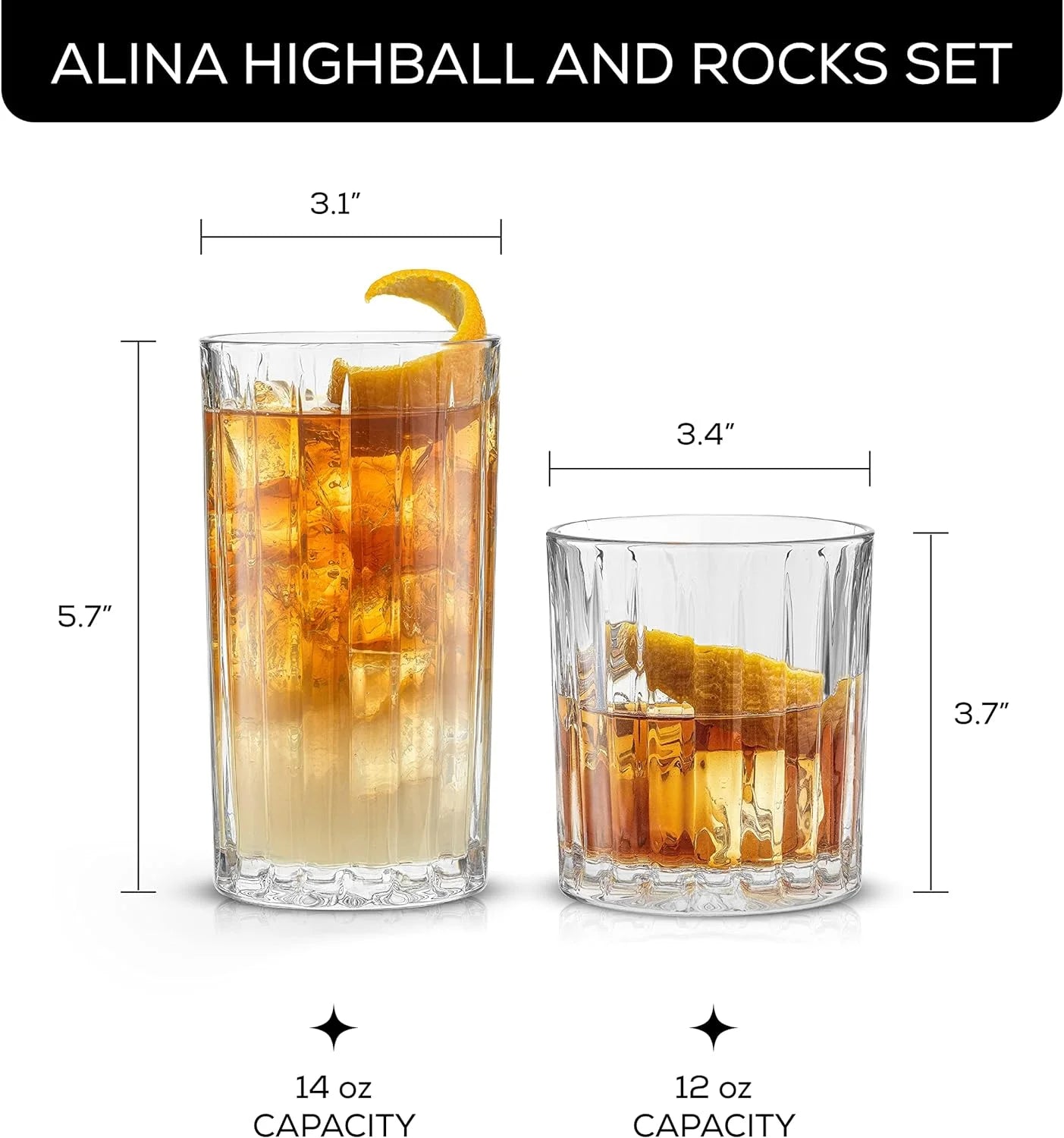 Alina Clear Ribbed Glass Drinking Glass Set, Highball Glasses and Tumbler Glasses - Set of 8