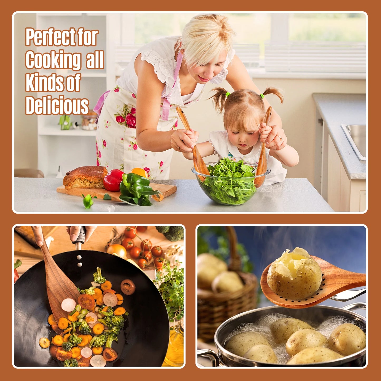 Elevate Your Cooking Experience with the 9-Piece Natural Teak Wooden Utensil Set - Complete with Holder & Spoon Rest for Non-Stick Cookware