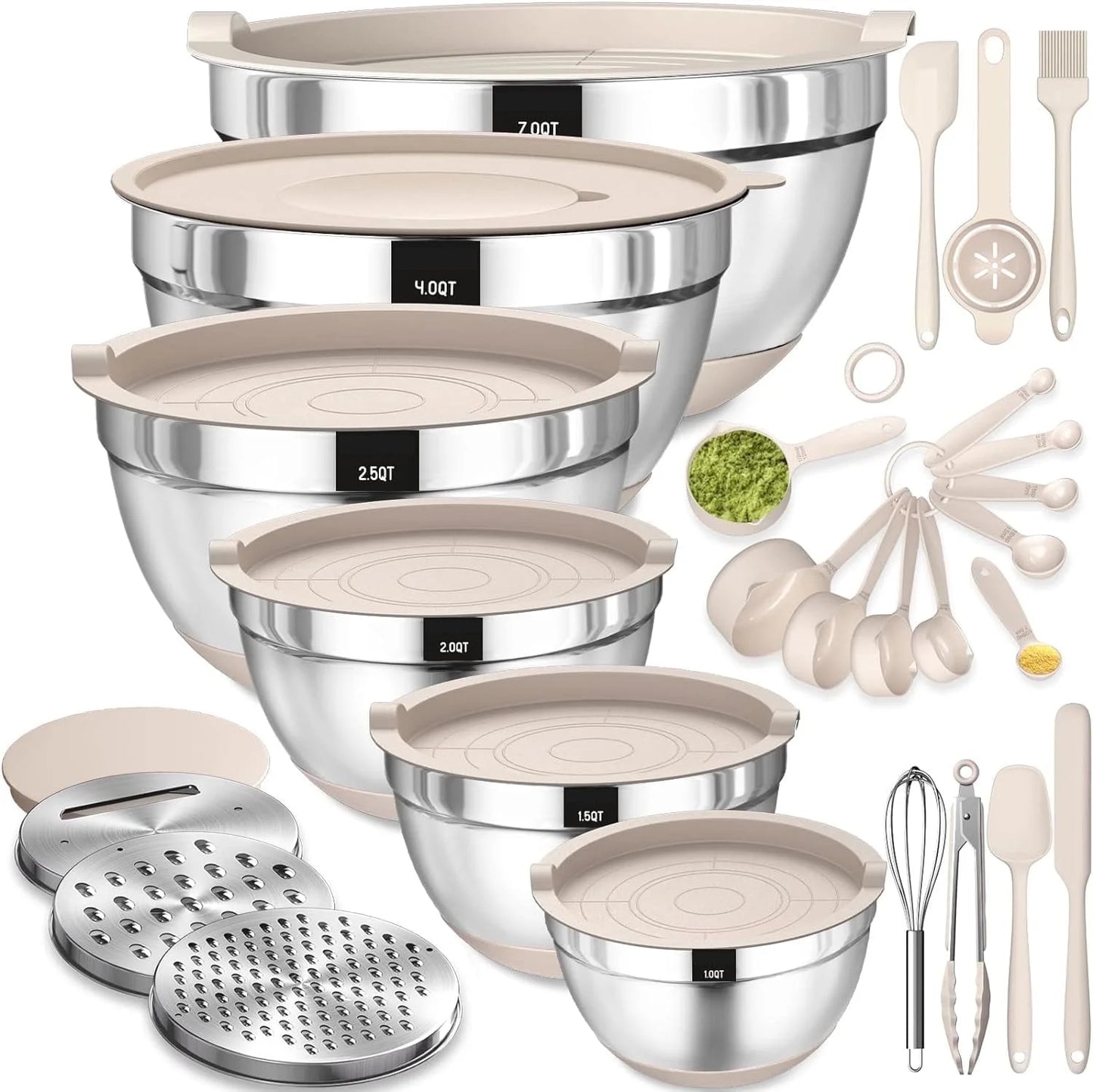 Mixing Bowls with Airtight Lids,  26Pcs Stainless Steel Nesting Non-Slip Bottoms Mixing Serving Bowls Set Wtih 3 Grater & Tools Gadgets, 7/4/2.5/2.5/1.5/1QT Metal Salad Bowls for Serving Preppi
