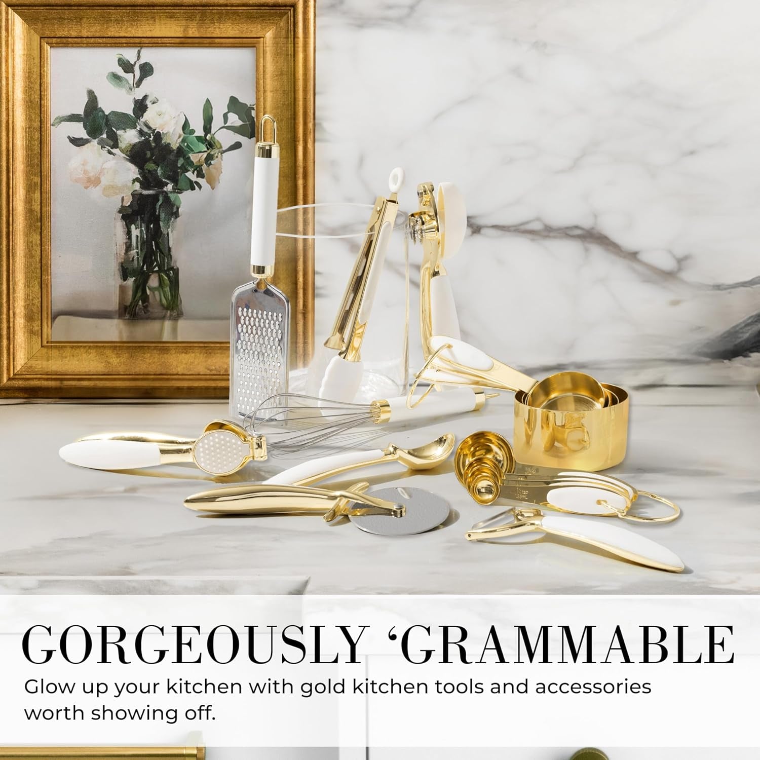 Elevate Your Cooking Experience with Our 16-Piece White and Gold Kitchen Utensils Set – Stylish Silicone Tools with Measuring Cups and Spoons