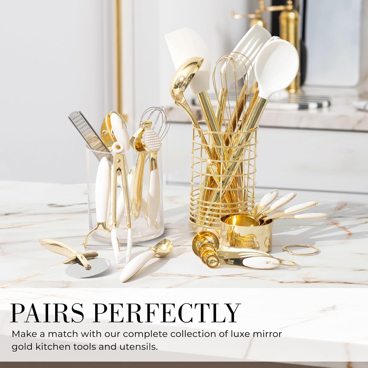 Elevate Your Cooking Experience with Our 16-Piece White and Gold Kitchen Utensils Set – Stylish Silicone Tools with Measuring Cups and Spoons