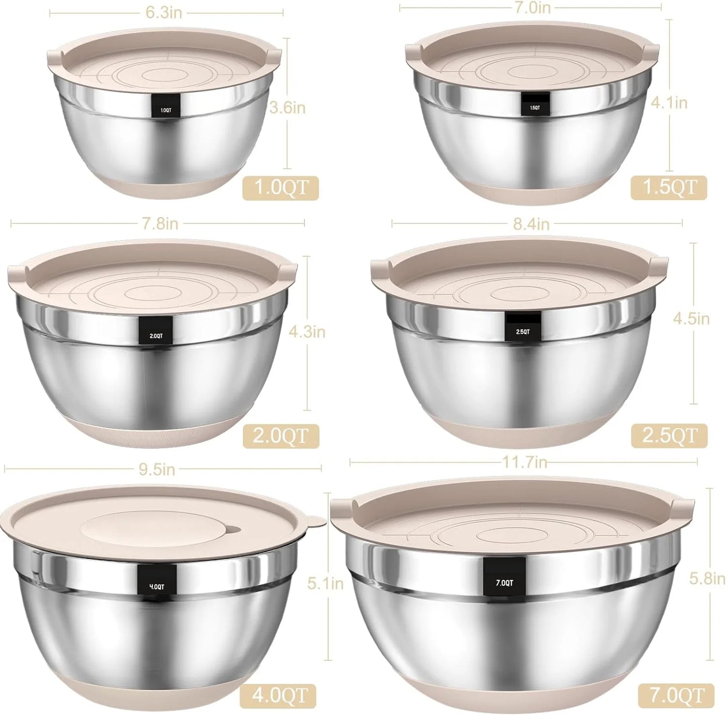 Mixing Bowls with Airtight Lids,  26Pcs Stainless Steel Nesting Non-Slip Bottoms Mixing Serving Bowls Set Wtih 3 Grater & Tools Gadgets, 7/4/2.5/2.5/1.5/1QT Metal Salad Bowls for Serving Preppi