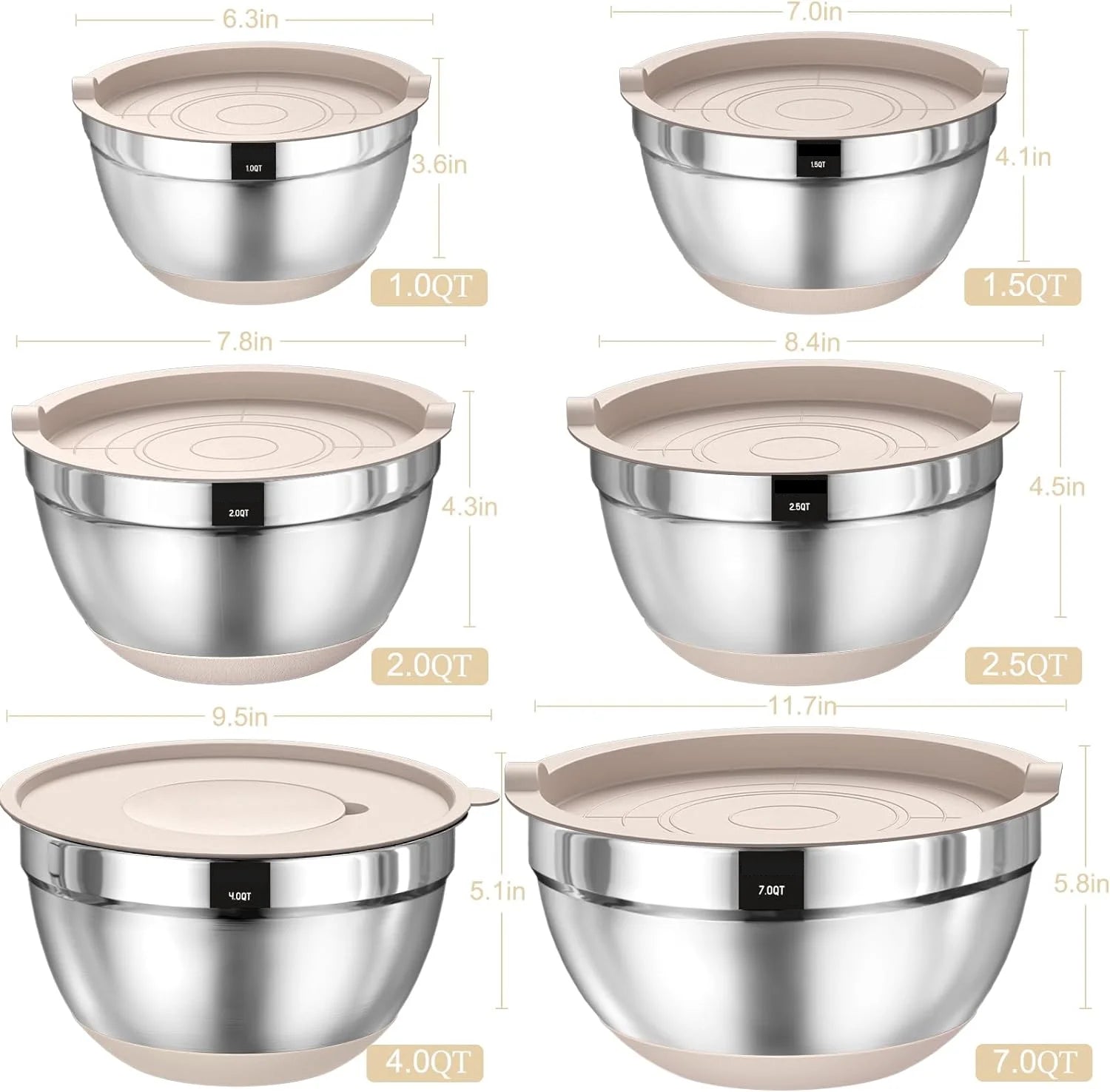 Mixing Bowls with Airtight Lids,  26Pcs Stainless Steel Nesting Non-Slip Bottoms Mixing Serving Bowls Set Wtih 3 Grater & Tools Gadgets, 7/4/2.5/2.5/1.5/1QT Metal Salad Bowls for Serving Preppi