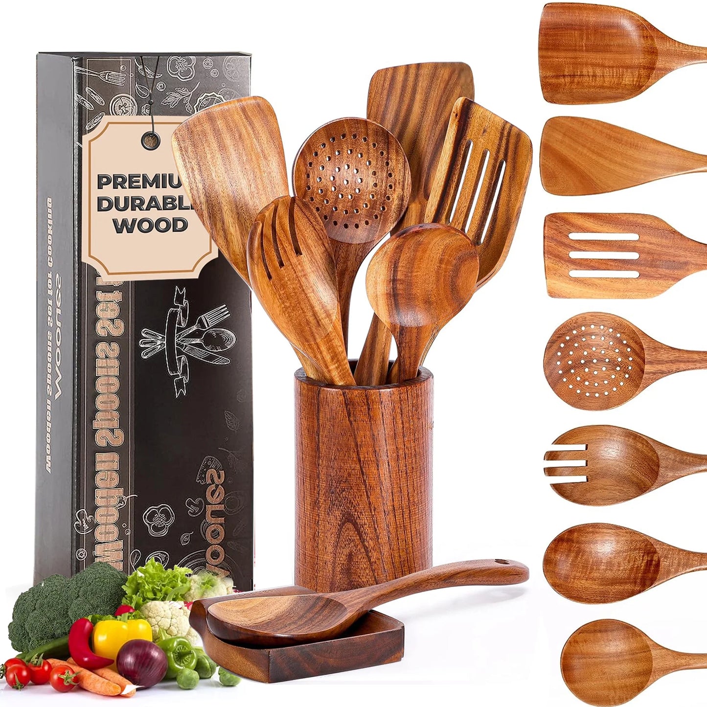 Elevate Your Cooking Experience with the 9-Piece Natural Teak Wooden Utensil Set - Complete with Holder & Spoon Rest for Non-Stick Cookware