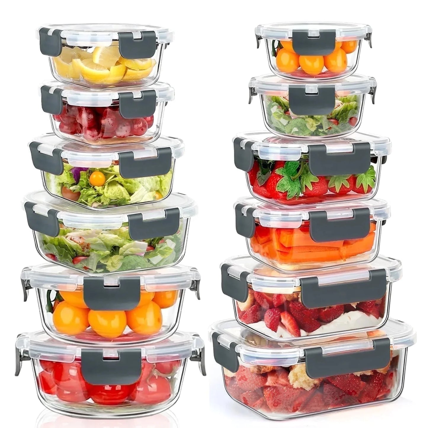 24 Pcs Versatile Glass Storage Containers with Airtight Lids for Effortless Kitchen Organization (12 Pcs Grey)