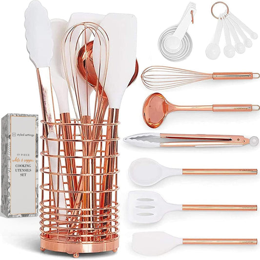 Elevate Your Cooking Experience with Our Stylish 17-Piece White Silicone and Copper Kitchen Utensils Set – Complete with Holder, Measuring Cups, and Spoons for the Modern Chef