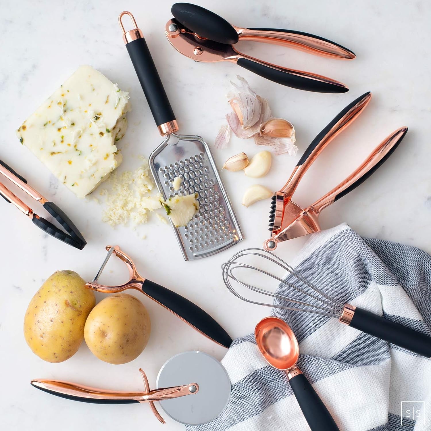 Luxe 8PC Black and Copper Cooking Tools and Utensils: Copper Kitchen Gadgets and Accessories with Anti-Slip Handles