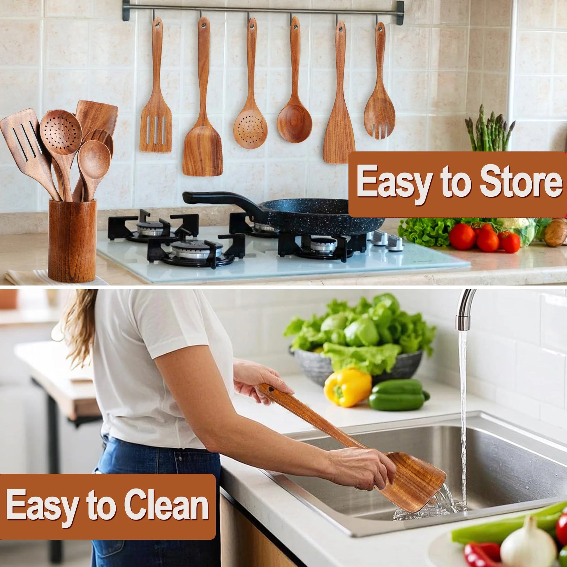 Elevate Your Cooking Experience with the 9-Piece Natural Teak Wooden Utensil Set - Complete with Holder & Spoon Rest for Non-Stick Cookware