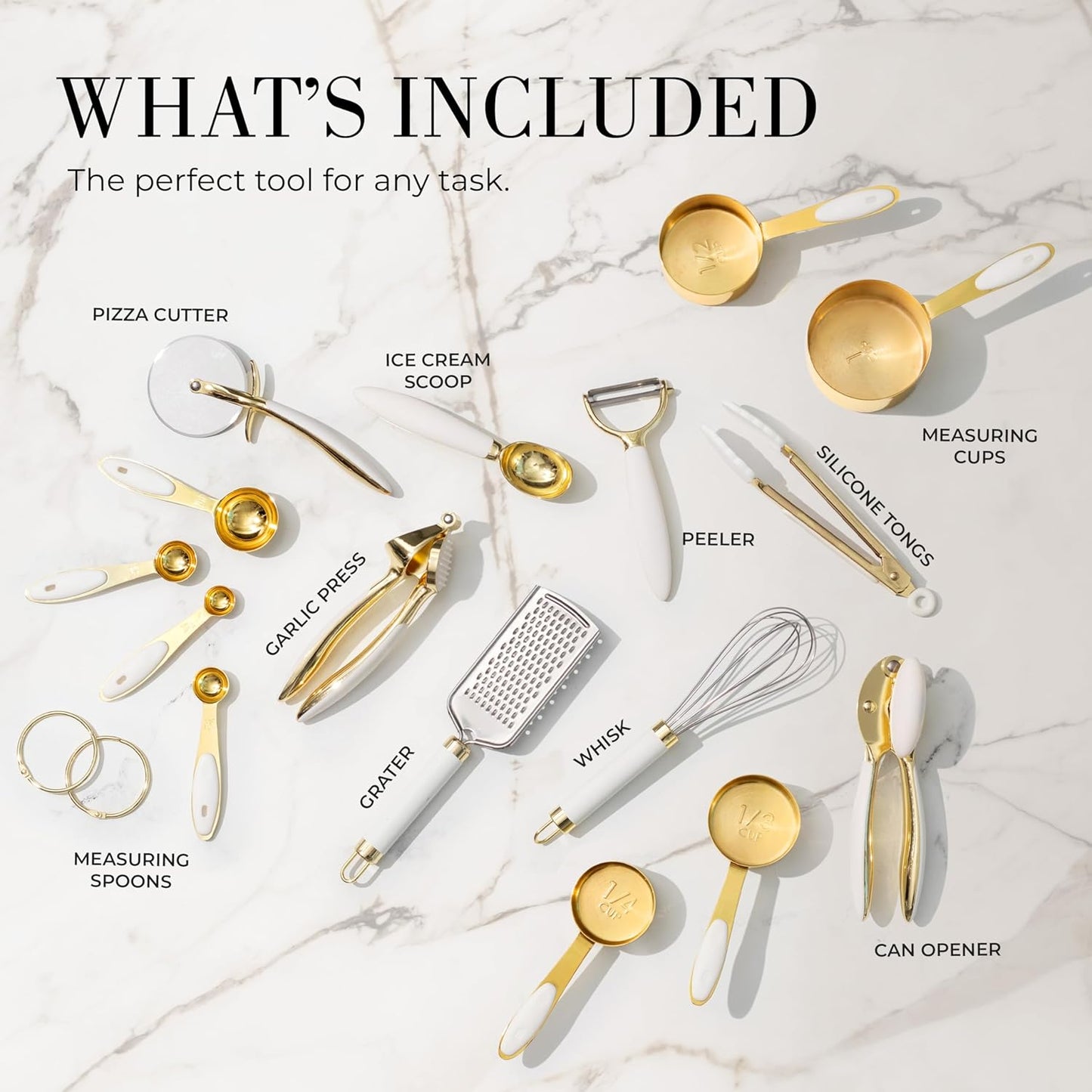 Elevate Your Cooking Experience with Our 16-Piece White and Gold Kitchen Utensils Set – Stylish Silicone Tools with Measuring Cups and Spoons