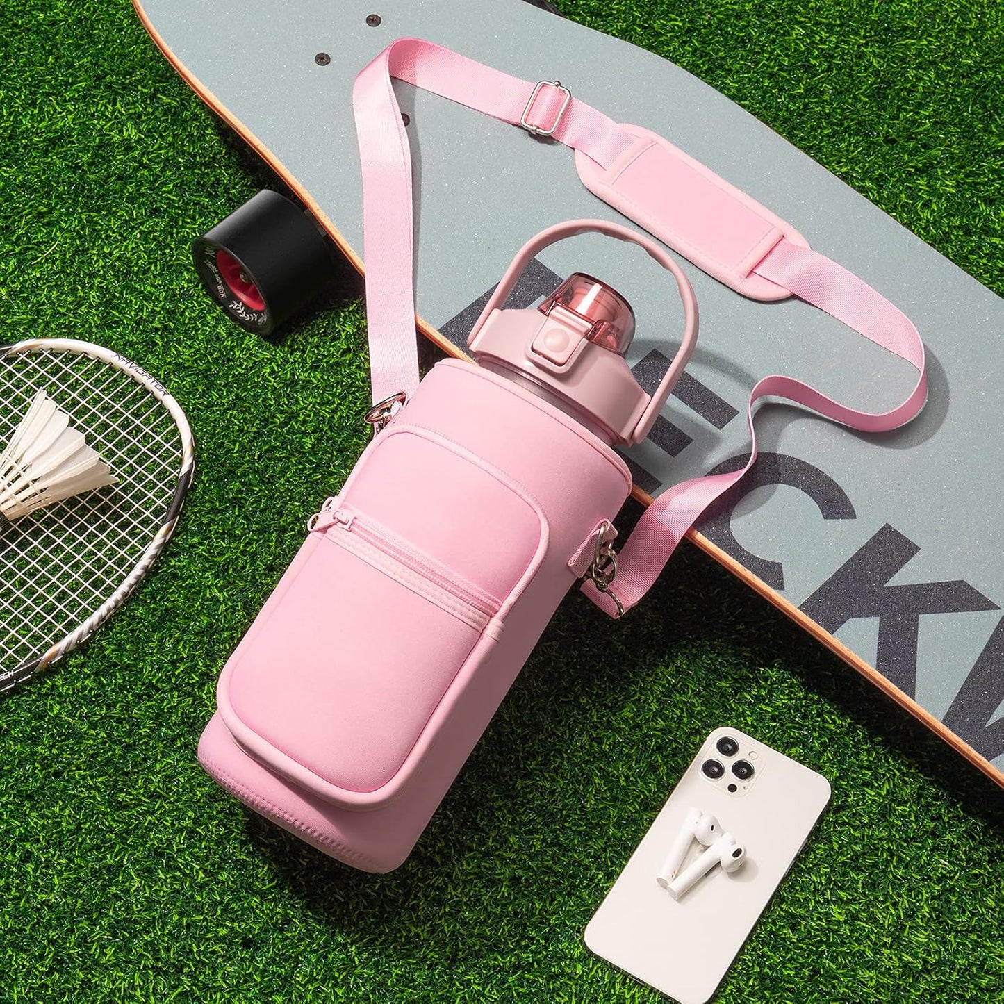 Stay Hydrated in Style: 64 OZ Half Gallon Water Bottle with Insulated Sleeve, Straw & Time Markers for Active Lifestyles