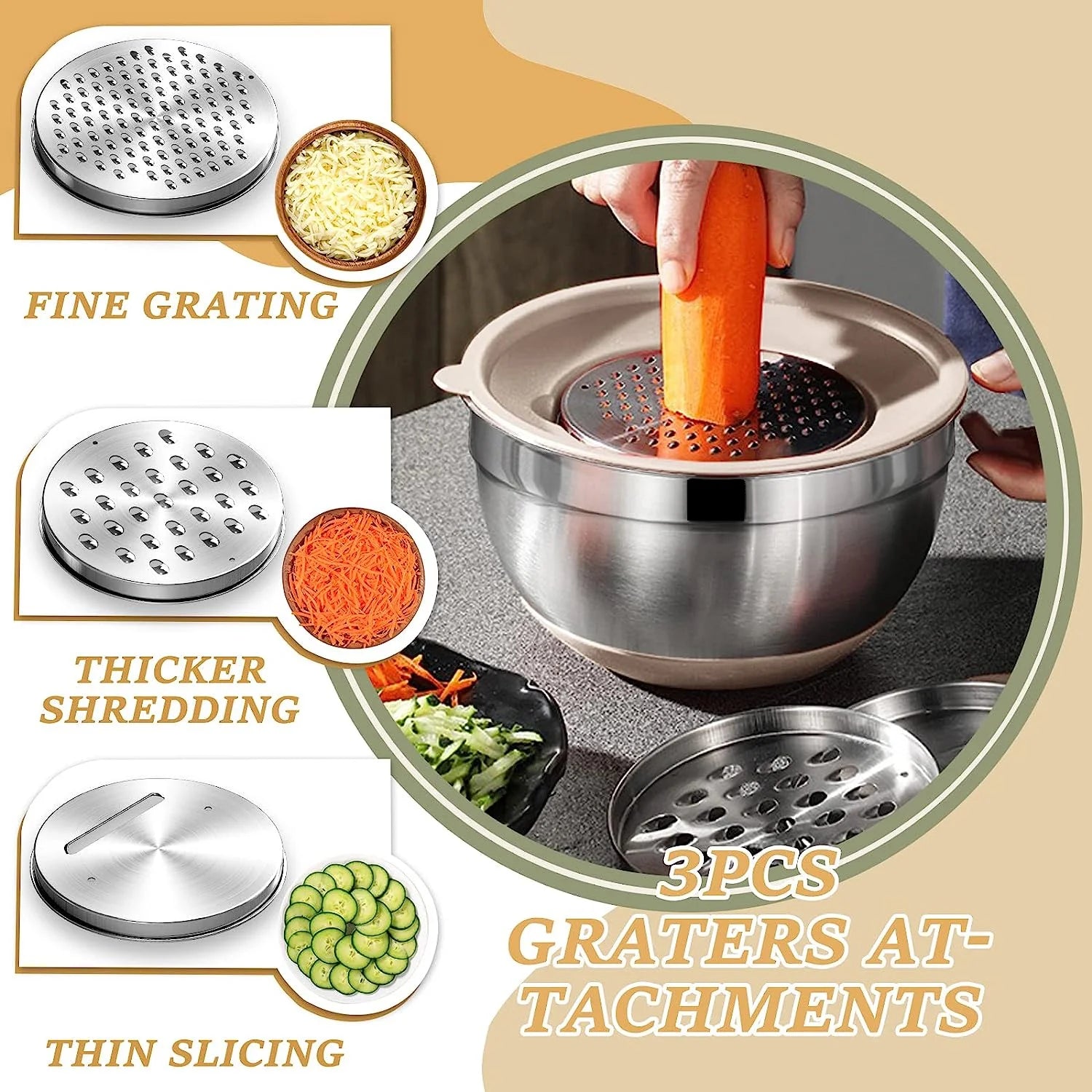 Mixing Bowls with Airtight Lids,  26Pcs Stainless Steel Nesting Non-Slip Bottoms Mixing Serving Bowls Set Wtih 3 Grater & Tools Gadgets, 7/4/2.5/2.5/1.5/1QT Metal Salad Bowls for Serving Preppi