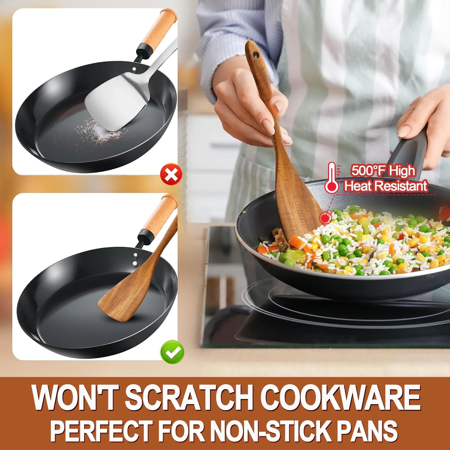 Elevate Your Cooking Experience with the 9-Piece Natural Teak Wooden Utensil Set - Complete with Holder & Spoon Rest for Non-Stick Cookware