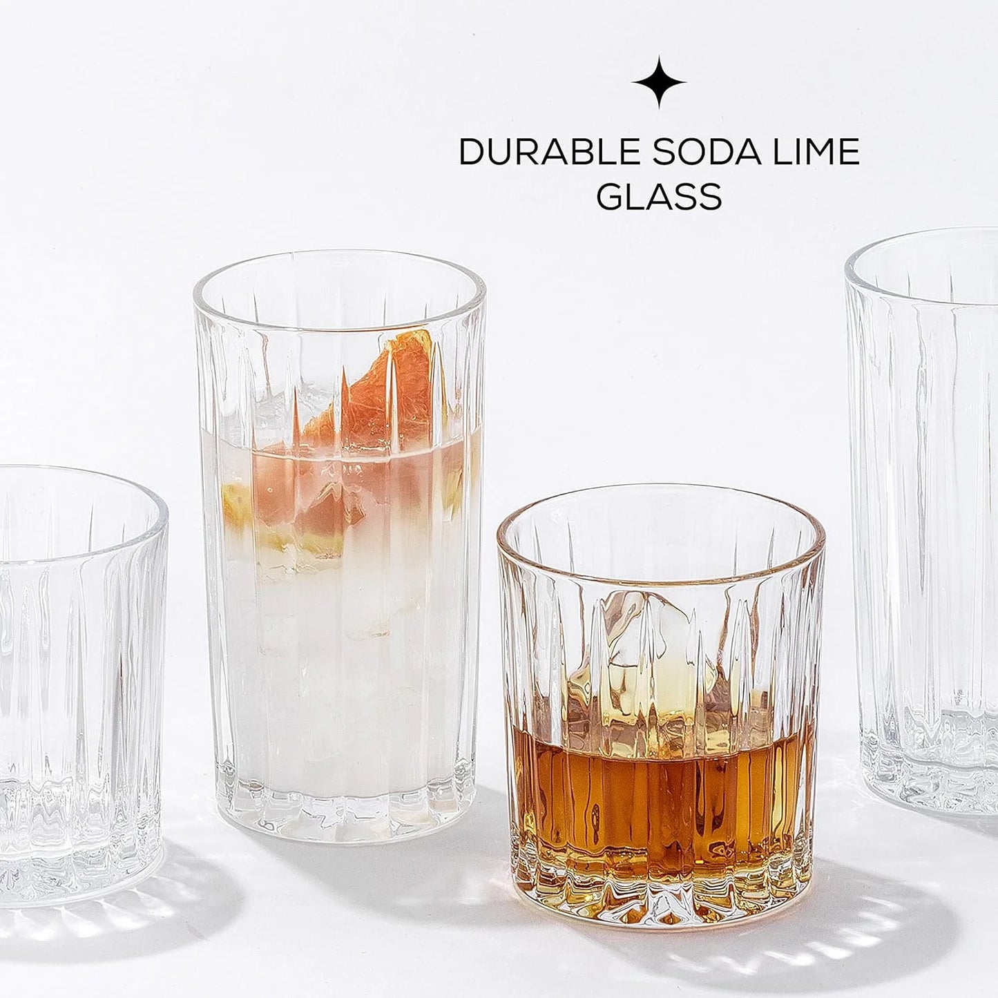Alina Clear Ribbed Glass Drinking Glass Set, Highball Glasses and Tumbler Glasses - Set of 8
