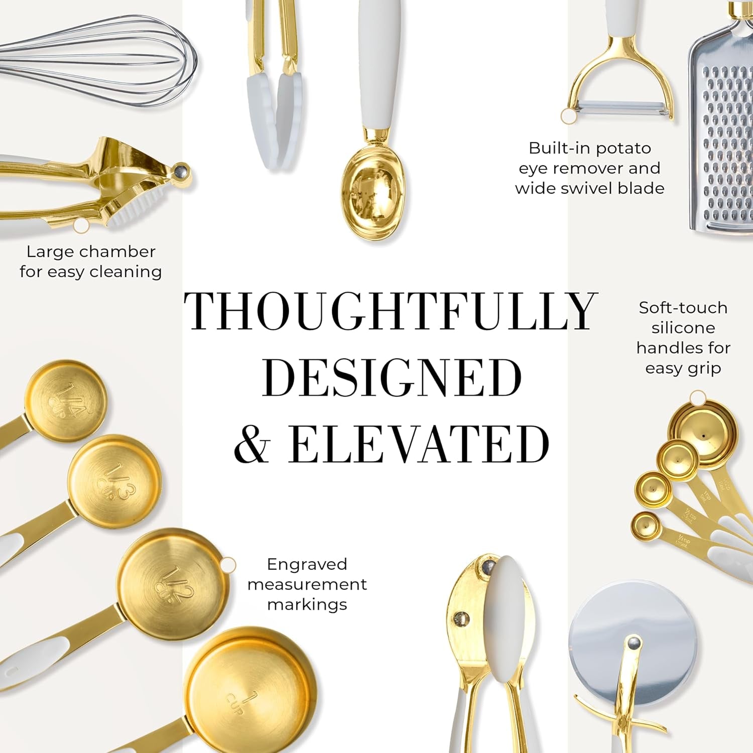 Elevate Your Cooking Experience with Our 16-Piece White and Gold Kitchen Utensils Set – Stylish Silicone Tools with Measuring Cups and Spoons