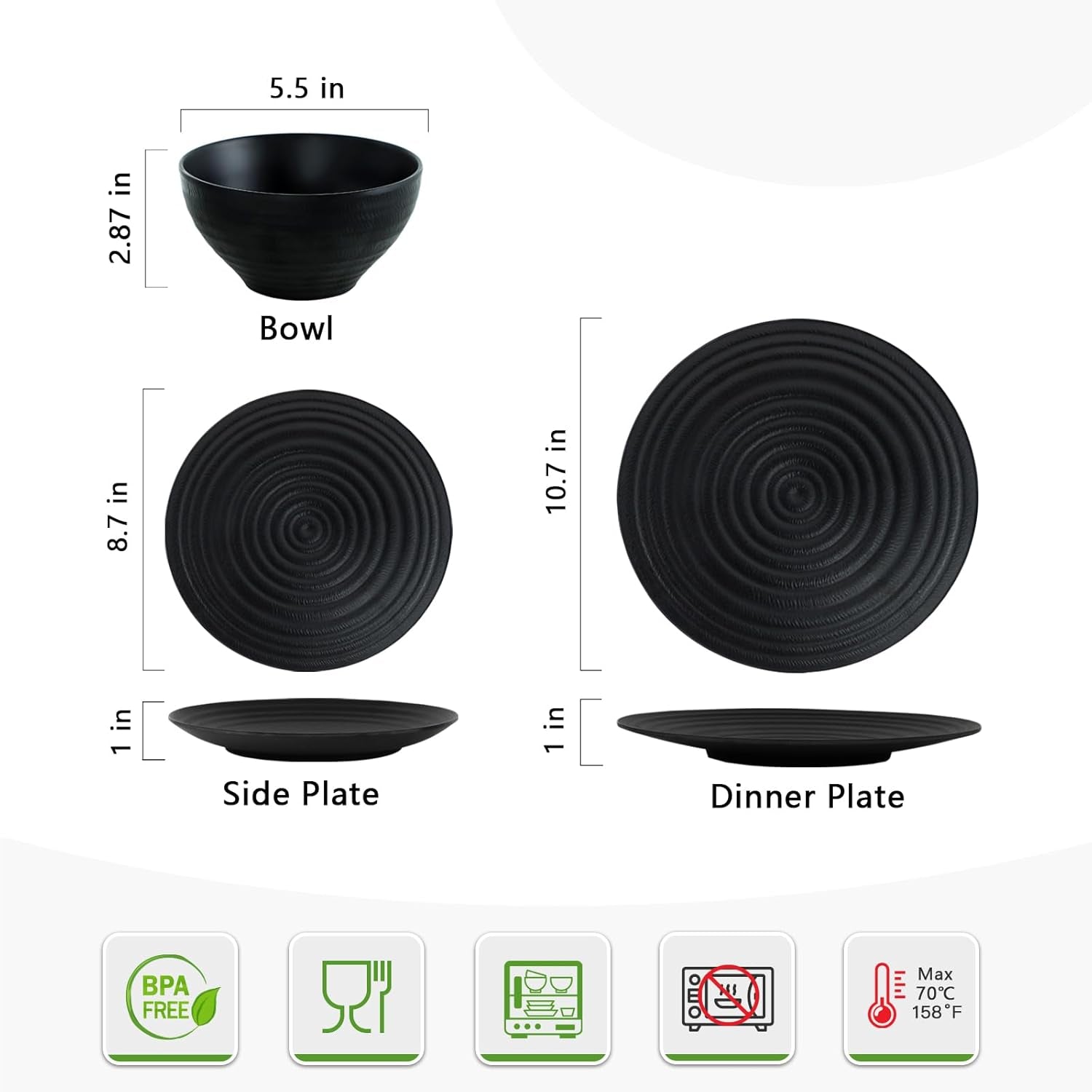 Melamine Dinnerware Sets for 4, 12Pcs Plates and Bowls Sets with Modern Style, Lightweight and Unbreakable Dish Set for Camping, RV and BBQ, Dishwasher Safe, BPA Free(Black)