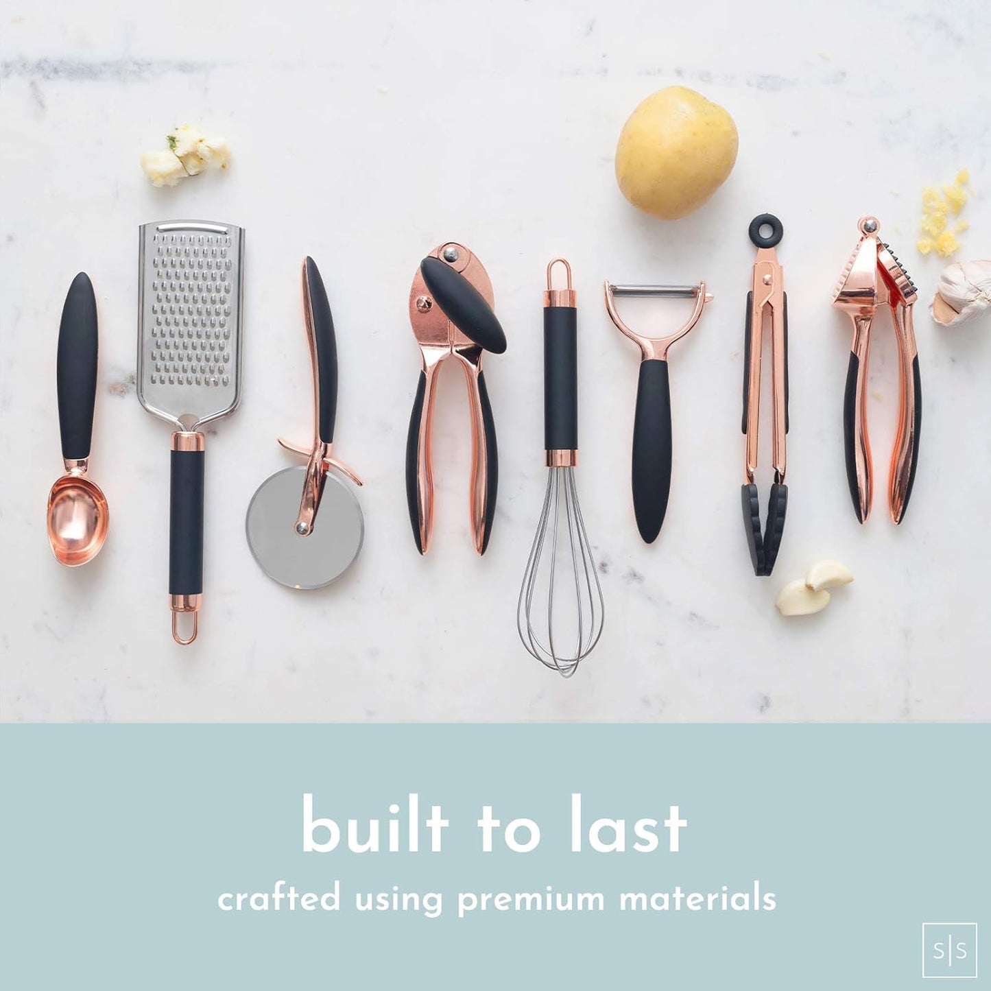 Luxe 8PC Black and Copper Cooking Tools and Utensils: Copper Kitchen Gadgets and Accessories with Anti-Slip Handles