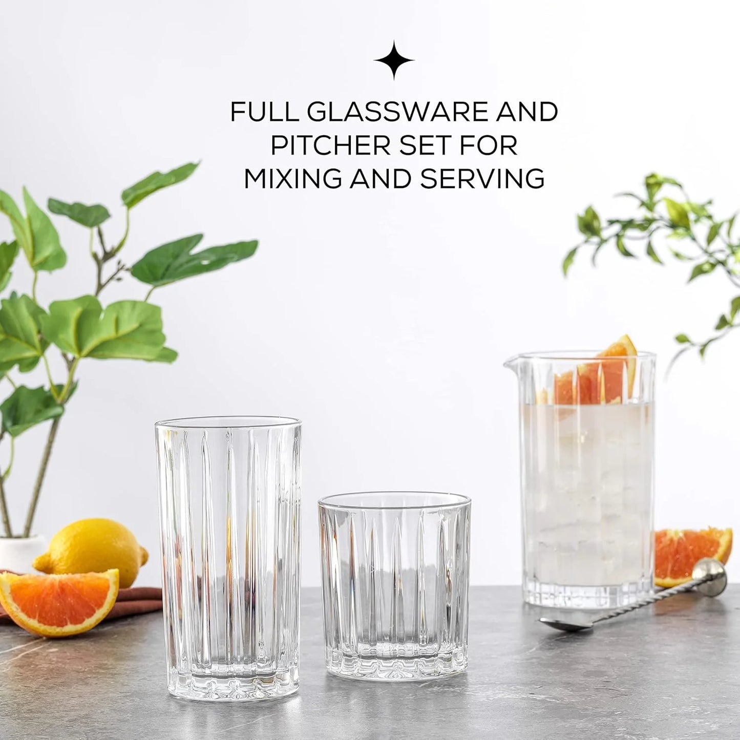 Alina Clear Ribbed Glass Drinking Glass Set, Highball Glasses and Tumbler Glasses - Set of 8