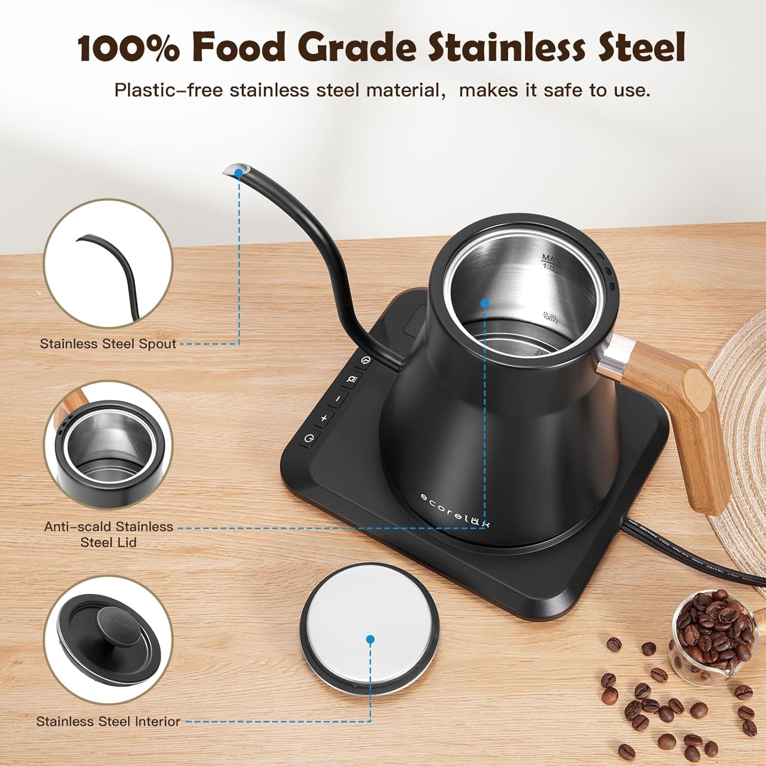 Experience the Perfect Brew with Our Gooseneck Electric Kettle - Precision Temperature Control for Coffee, Tea, and More! 1200W Fast Heating, 1L Capacity in Sleek Black Stainless Steel
