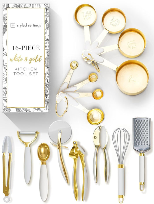 16 - Piece White and Gold Kitchen Utensils Set – Stylish Silicone Tools with Measuring Cups and Spoons