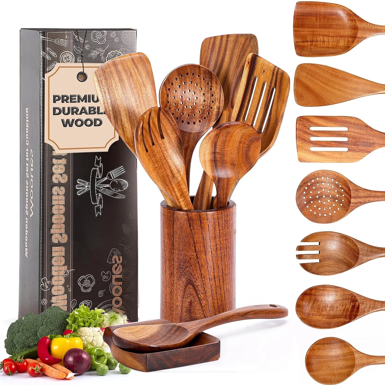 Elevate Your Cooking Experience with the 9 - Piece Natural Teak Wooden Utensil Set