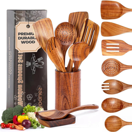 Elevate Your Cooking Experience with the 9 - Piece Natural Teak Wooden Utensil Set