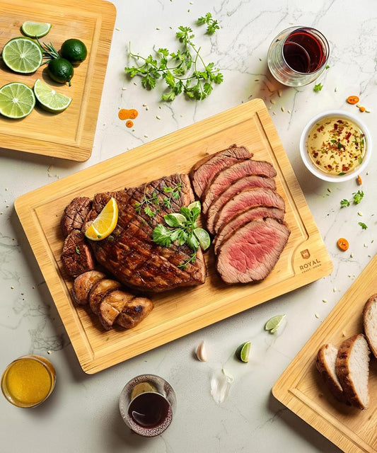 Bamboo Wood Serving Board Set with Deep Juice Groove Side Handles - Charcuterie & Chopping Butcher Block for Meat